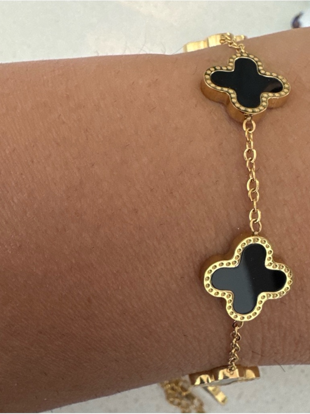 Gold Chain Bracelet with Black Clover Motifs